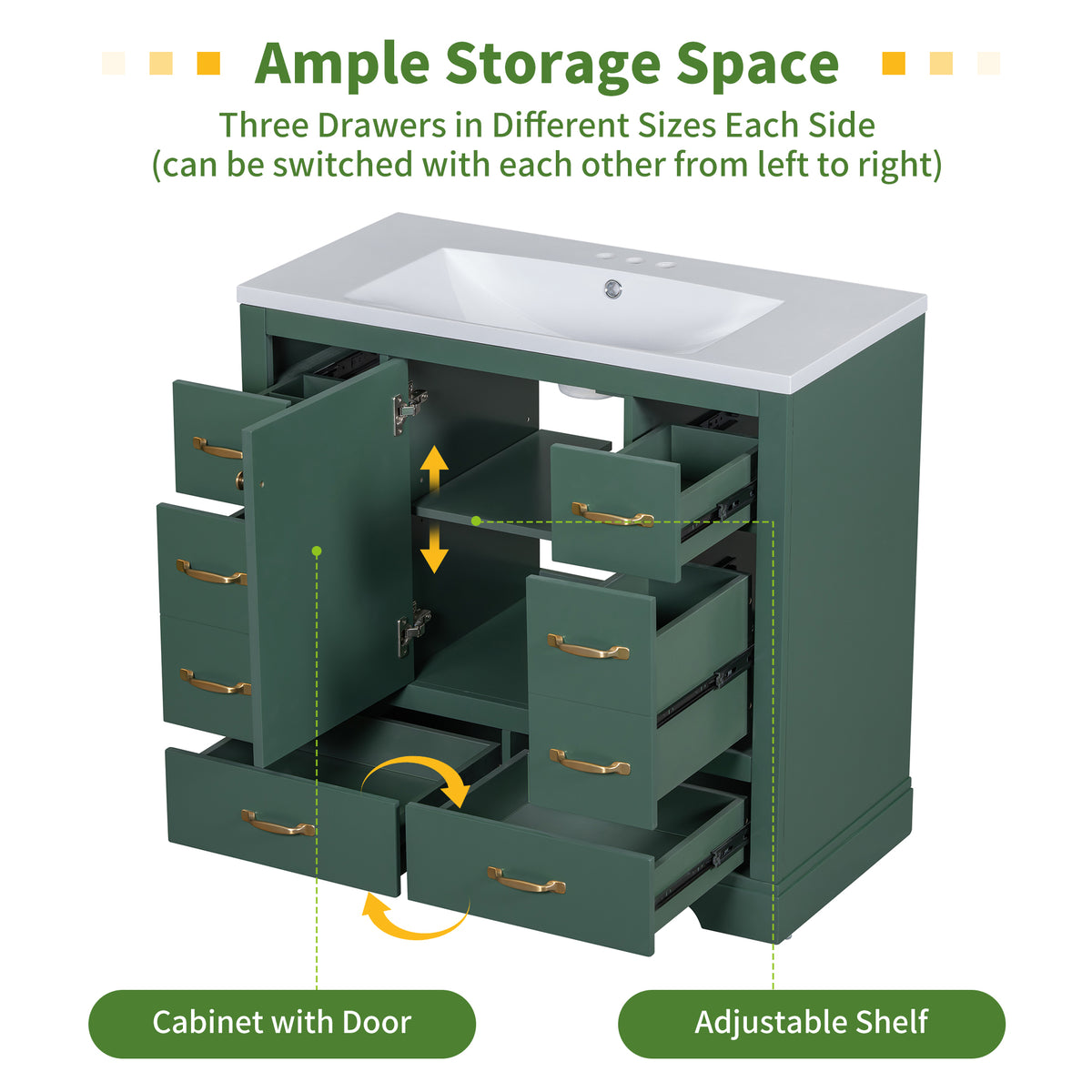 36" Bathroom Vanity With Sink Combo, Six Drawers, Multi Functional Drawer Divider, Adjustable Shelf, Green Green Solid Wood Mdf
