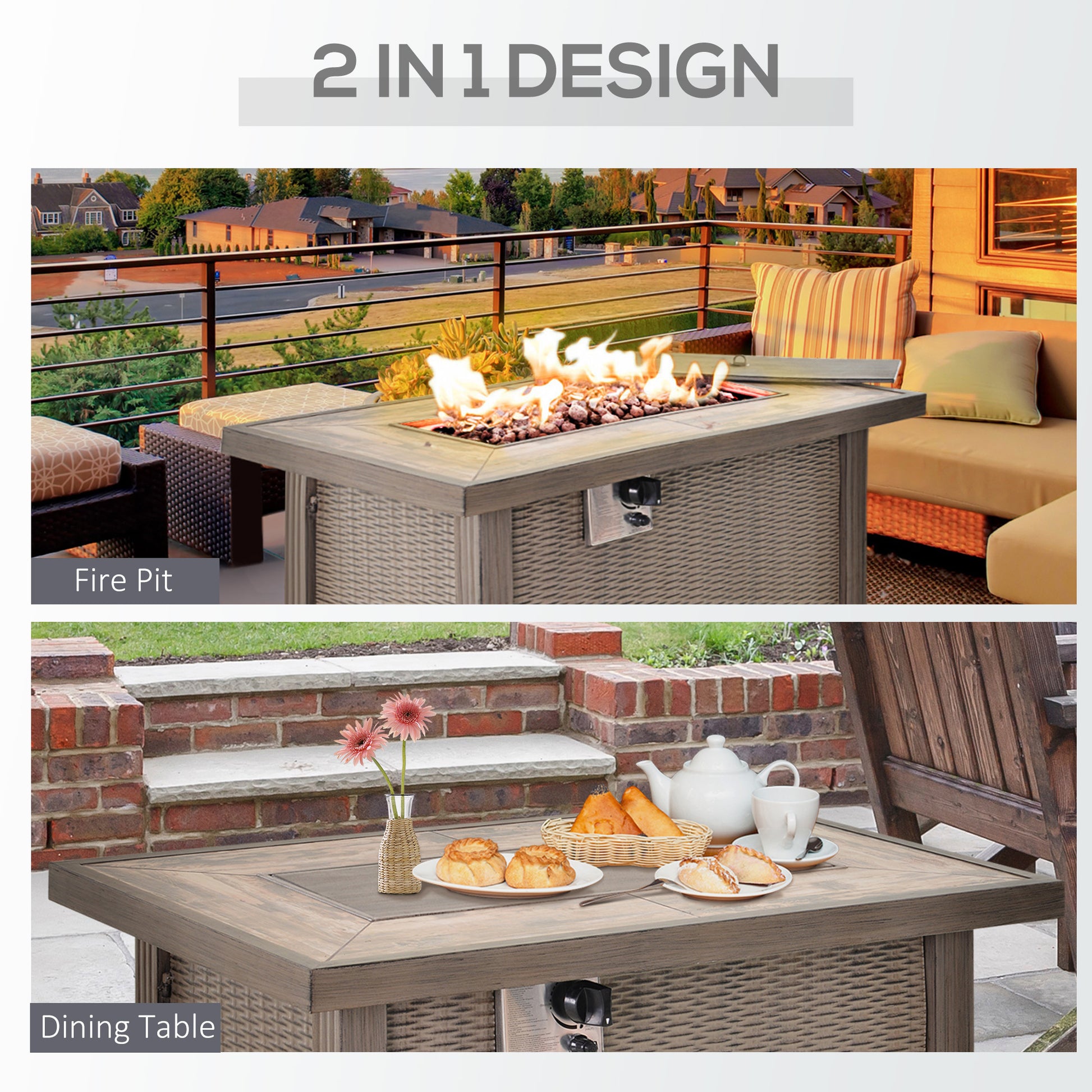 Outsunny 42" Propane Fire Pit Table, 50,000 Btu Wicker Effect Auto Ignition Gas Fireplace Fire Pits With Ceramic Tabletop, Steel Base, Lid, Lava Rocks And Cover, Csa Certification, Grey Gray Steel
