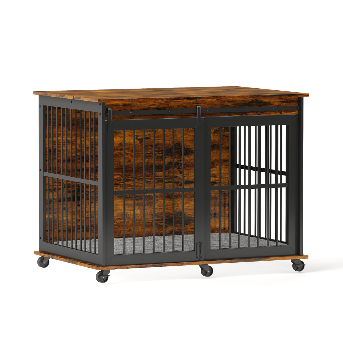 Furniture Dog Crate Sliding Iron Door Dog Crate With Mat. Rustic Brown,43.7''W X 30''D X 33.7''H . Rustic Brown Particle Board