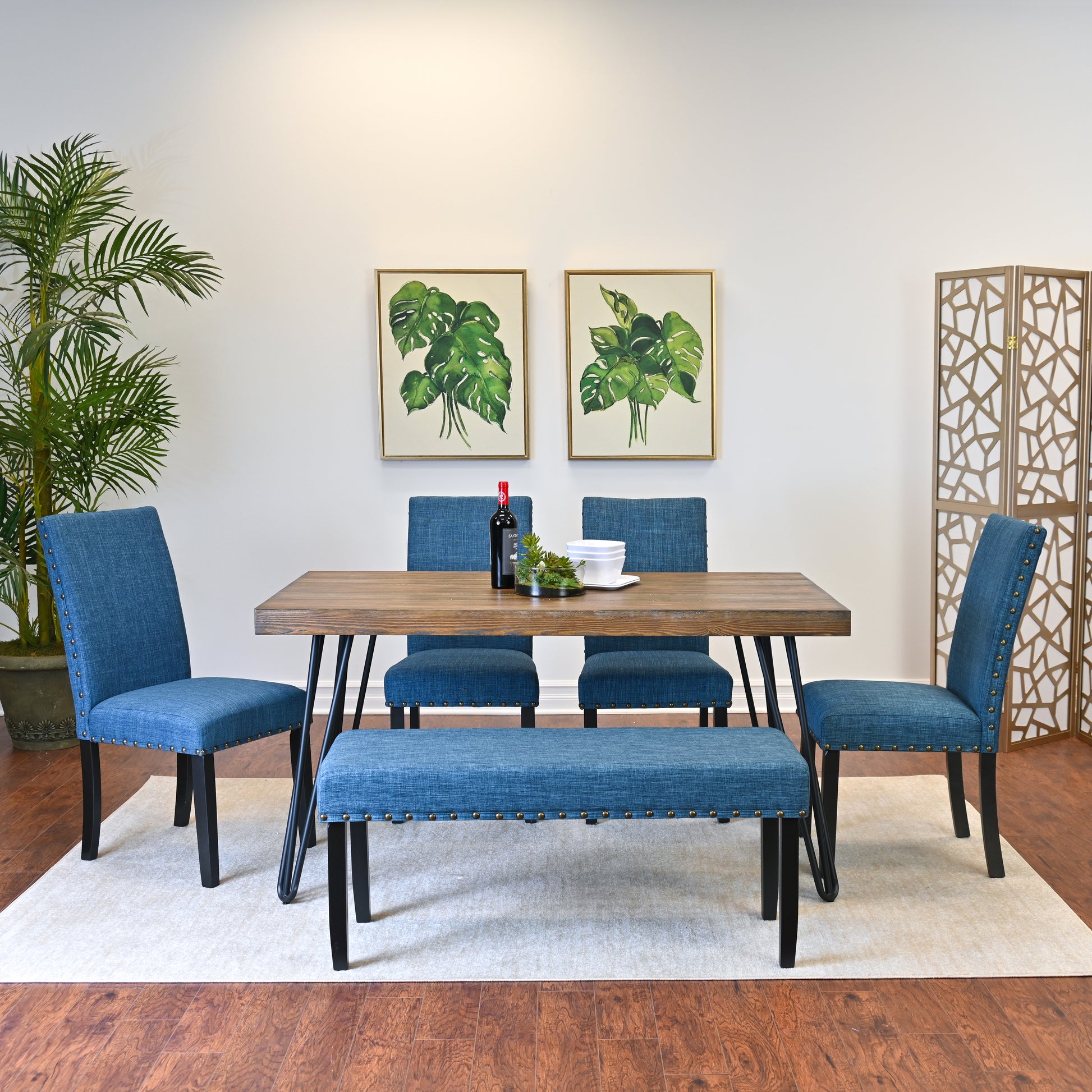 Amisos 6 Piece Dining Set, Hairpin Dining Table With 4 Chairs And Upholstery Bench, 3 Color Options Wood Brown Seats 6 Brown Metal Dining Room Fixed Table Rubberwood Rectangular 4 Leg Rectangular Dining Table With Chair And Bench Mdf