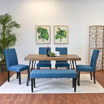Amisos 6 Piece Dining Set, Hairpin Dining Table With 4 Chairs And Upholstery Bench, 3 Color Options Wood Brown Seats 6 Brown Metal Dining Room Fixed Table Rubberwood Rectangular 4 Leg Rectangular Dining Table With Chair And Bench Mdf