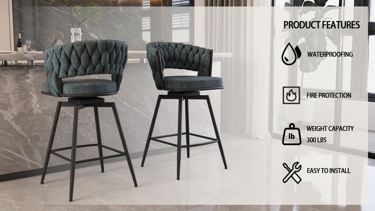 Bar Chair Suede Woven Bar Stool Set Of 2,Black Legs Barstools No Adjustable Kitchen Island Chairs,360 Swivel Bar Stools Upholstered Bar Chair Counter Stool Arm Chairs With Back Footrest, Blue Metal Blue Kitchen Dining Chairs Foam Technical Leather