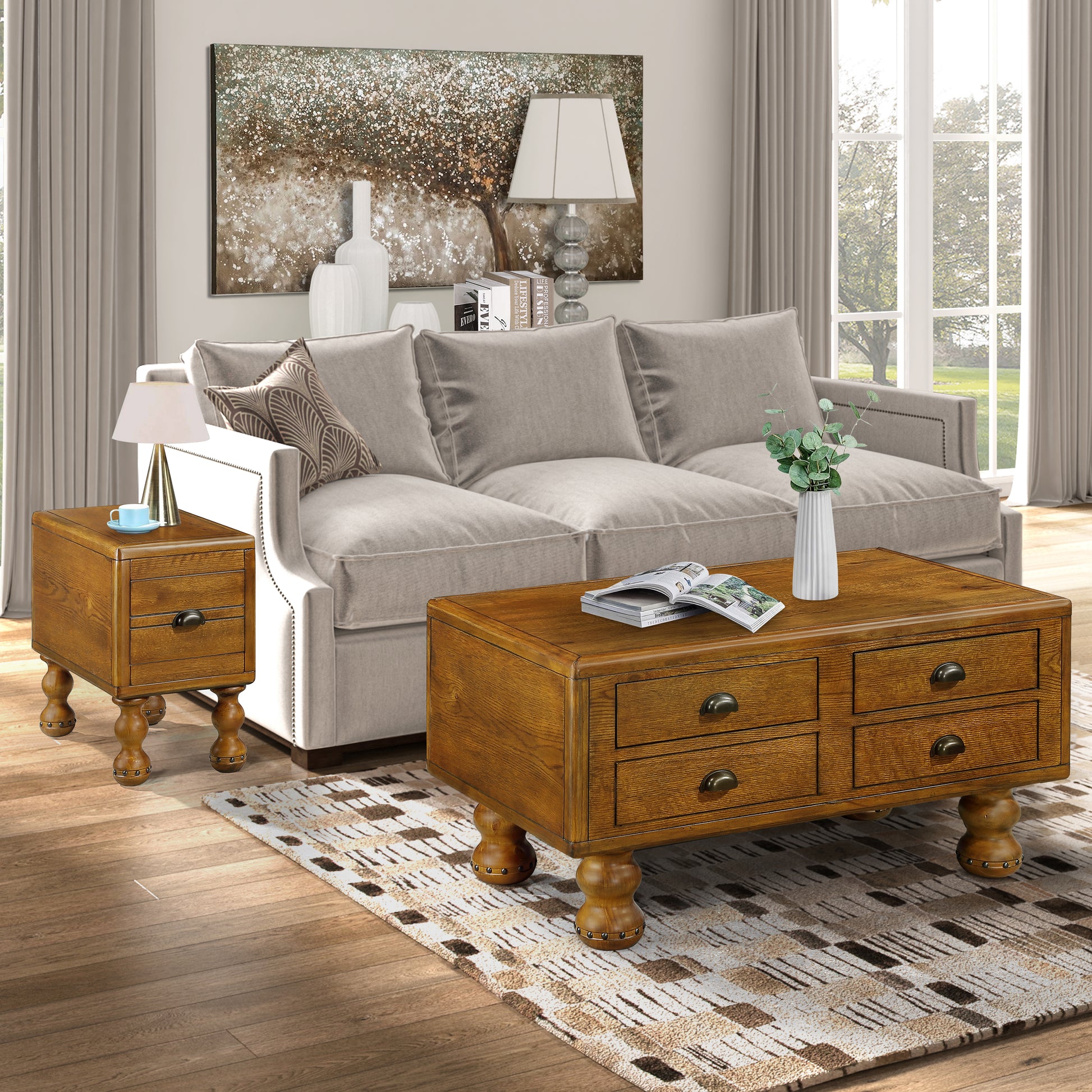 Rectangle Living Room Coffee Table Set, 3 Piece Solid Wood Living Room Table Set, 1 Coffee Table And 2 End Table, Wood Center Table Tea Table Set With Rivet Decoration Legs.Antique Brown Antique Brown Pine
