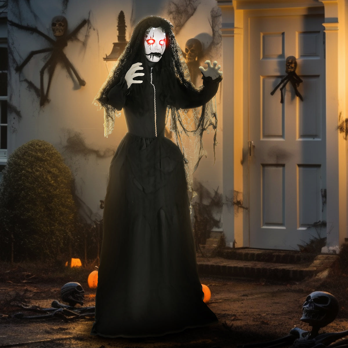 Homcom 67" Life Size Freestanding Scary Ghost Bride, Animated Halloween Prop With Sound Activation And Red Eyes, Creepy Voice, For Covered Outdoor And Indoor, Battery Operated Animatronic Decor Black Polyester