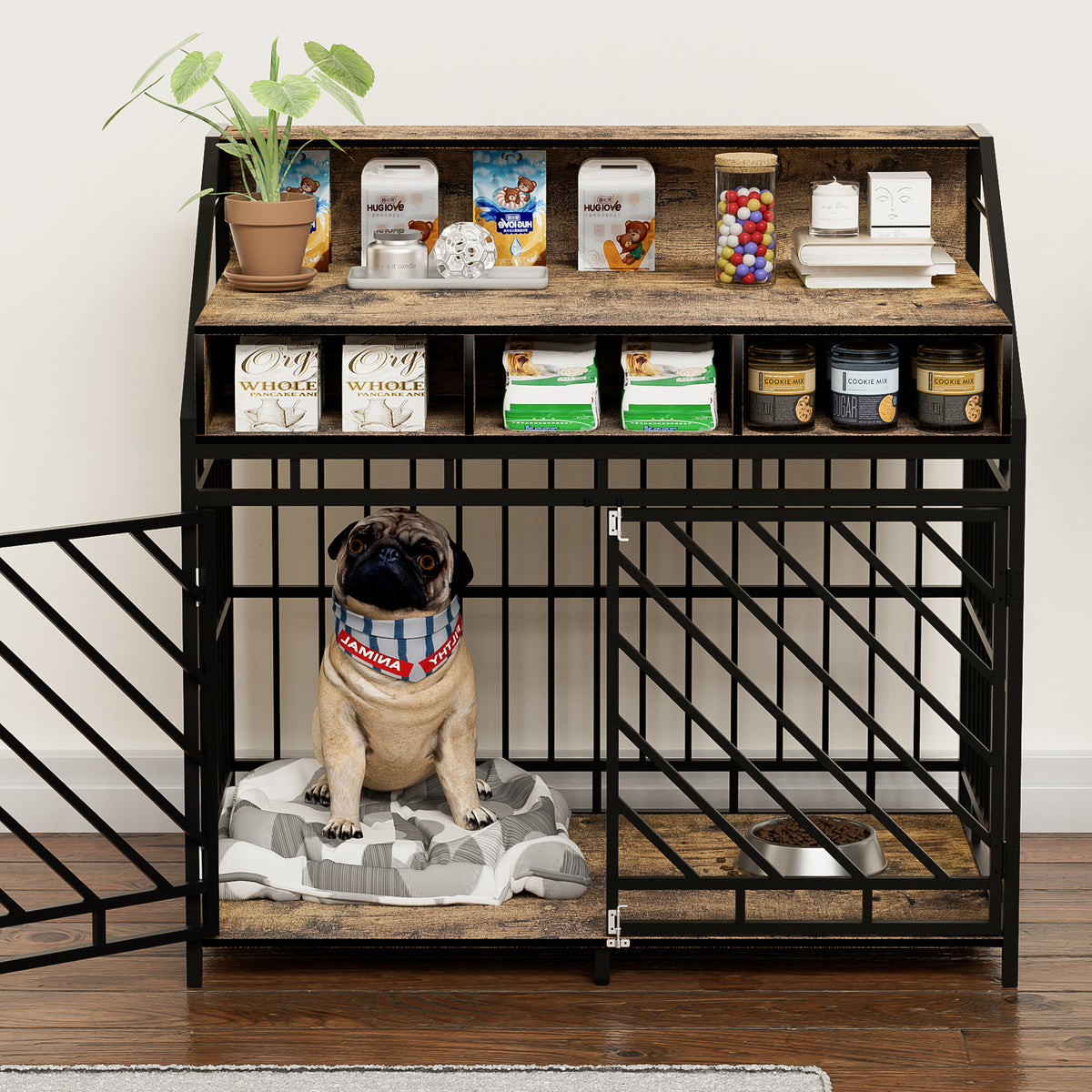 43.3 Inch Dog Crate Furniture For Large Dogs,Wooden Dog Crate With Divider,Double Door Dog Kennel With Three Drawers Storages,Heavy Duty Dogs Decorative Pet House For Large Medium Dogs ,Rustic Brown