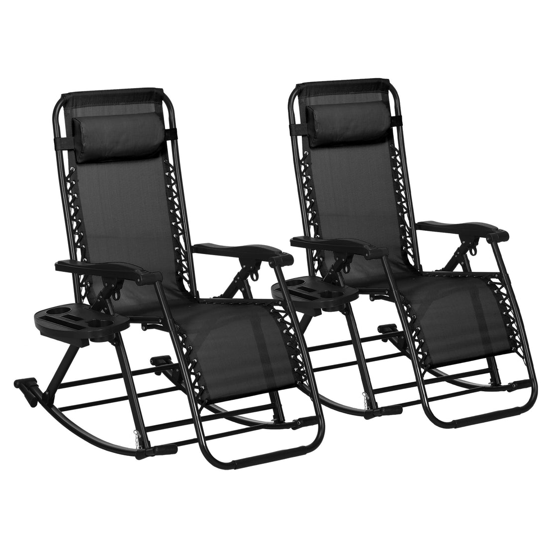Outsunny 2 Pieces Outdoor Rocking Chairs, Foldable Reclining Zero Gravity Lounge Rocker With Pillow, Cup & Phone Holder, Combo Design With Folding Legs, Black Black Steel