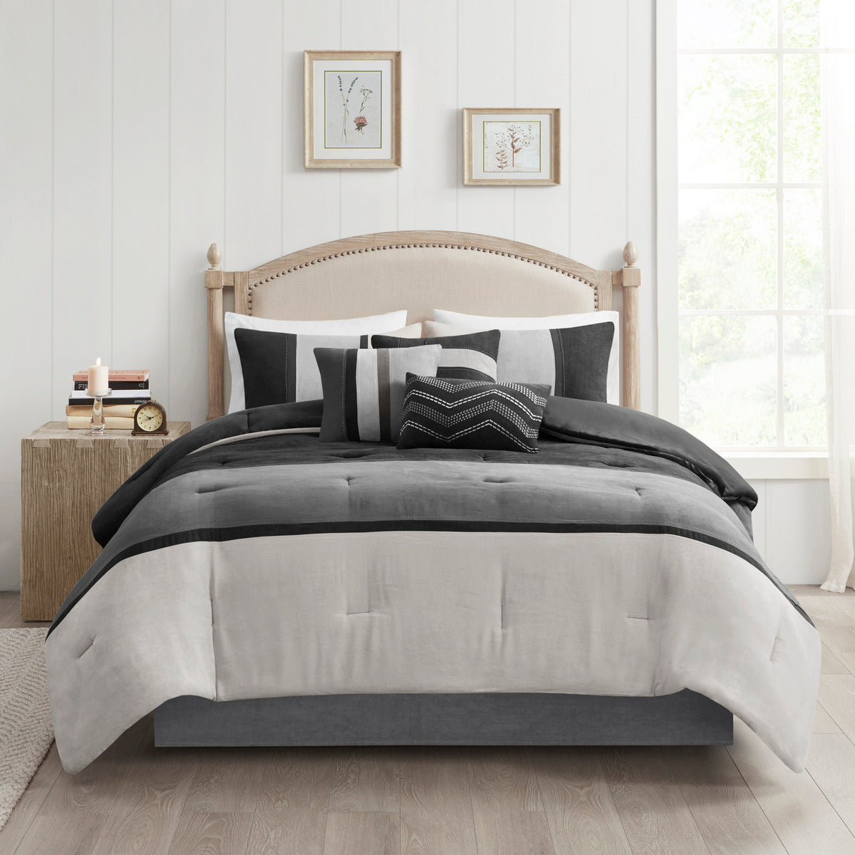 7 Piece Faux Suede Comforter Set Black King King Black Polyester