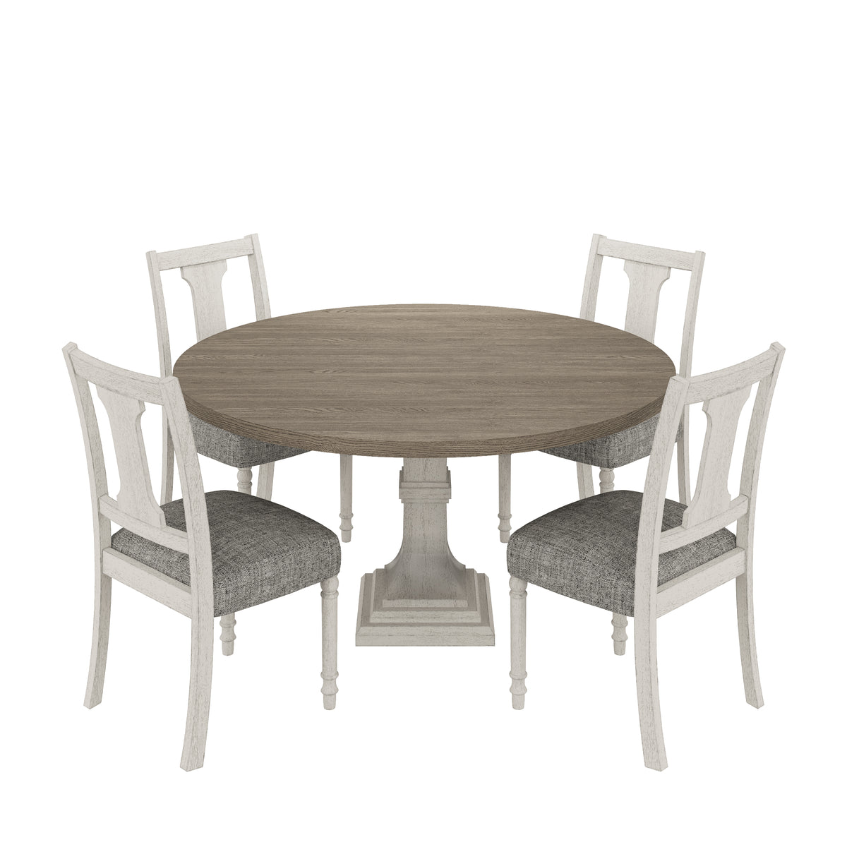 Tannen 59"W Round White And Gray 5 Pc Dining Table Set White Gray Linen