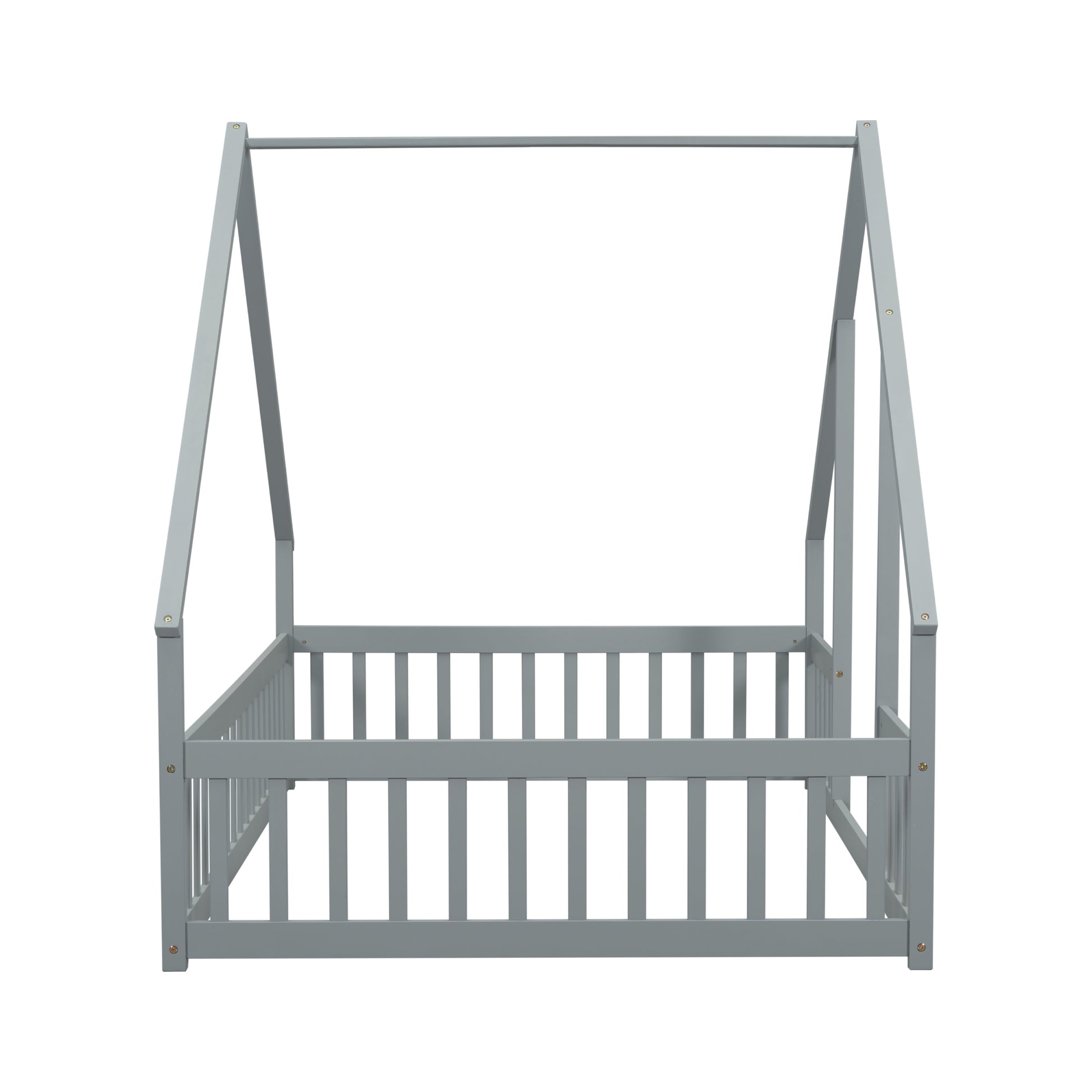 Full Wood House Shaped Floor Bed With Fence, Guardrails,Grey Full Grey American Design Pine