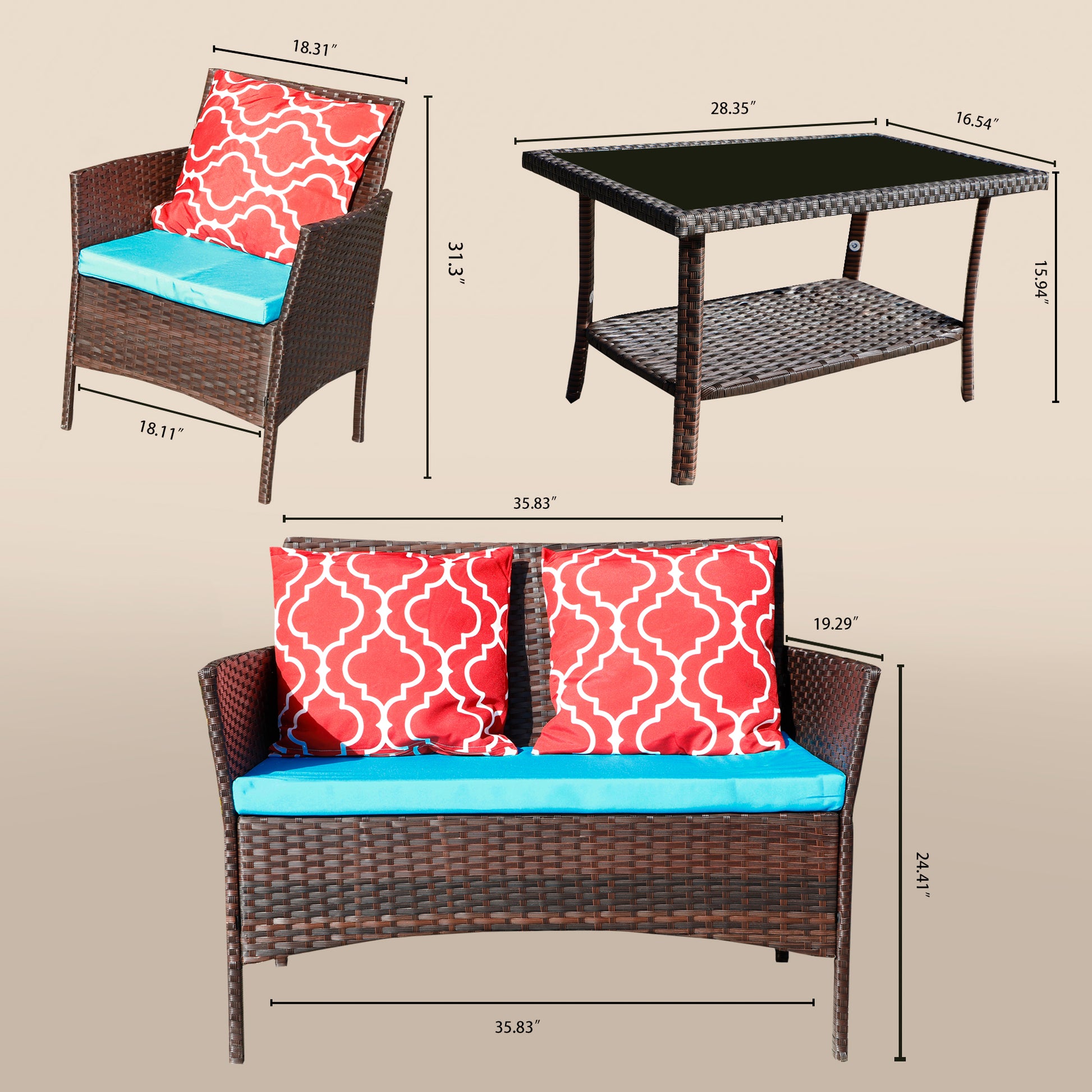 Four Piece Sofa Set Table With Sofa Chair Pe Rattan Outdoor Furniture Hy4 001 Box *1 With Sapphire Blue Color Cushion Yes Brown Uv Resistant Frame Water Resistant Cushion Iron