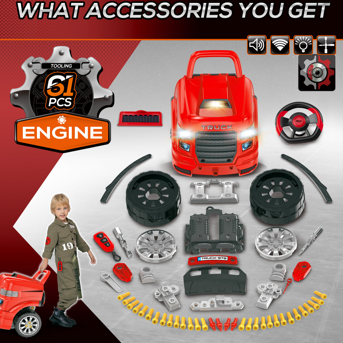 Qaba Kids Truck Engine Toy, Kids Mechanic Car Repair Set, Engine Disassembly Play Workshop, Includes 61 Pieces, Steering Wheel, Horn, Light For 3 5 Years Old, Red Red Abs