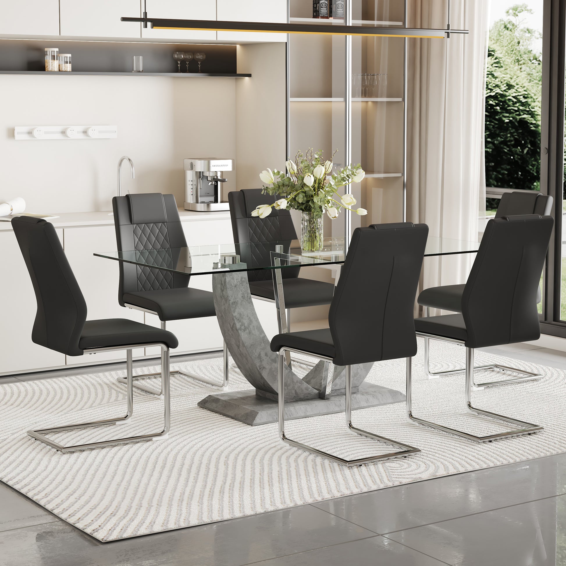 Table And Chair Set, Large Modern Rectangular Glass Table, Can Accommodate 6 8 People, Equipped With A 0.39 Inch Tempered Glass Tabletop And Large Mdf Table Legs, Comfortable And Soft Chairs. Transparent Mdf Glass