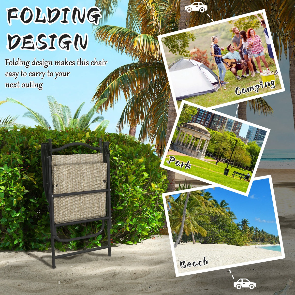 Outsunny Folding Patio Chairs, Set Of 4 Sports Chairs For Adults, Camping Chairs With Armrests,Mesh Fabric Seat For Lawn, Beige Beige Metal