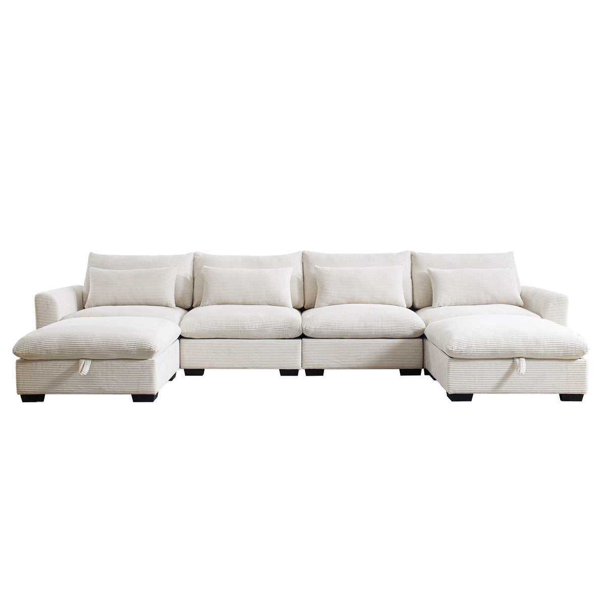 Big Deep Seat U Shaped Corduroy Sectional Couches For Living Room, 4 Seater Sofa Couch With 2 Storage Footstool And 4 Waist Pillows Corduroy, Beige Beige Corduroy 4 Seat