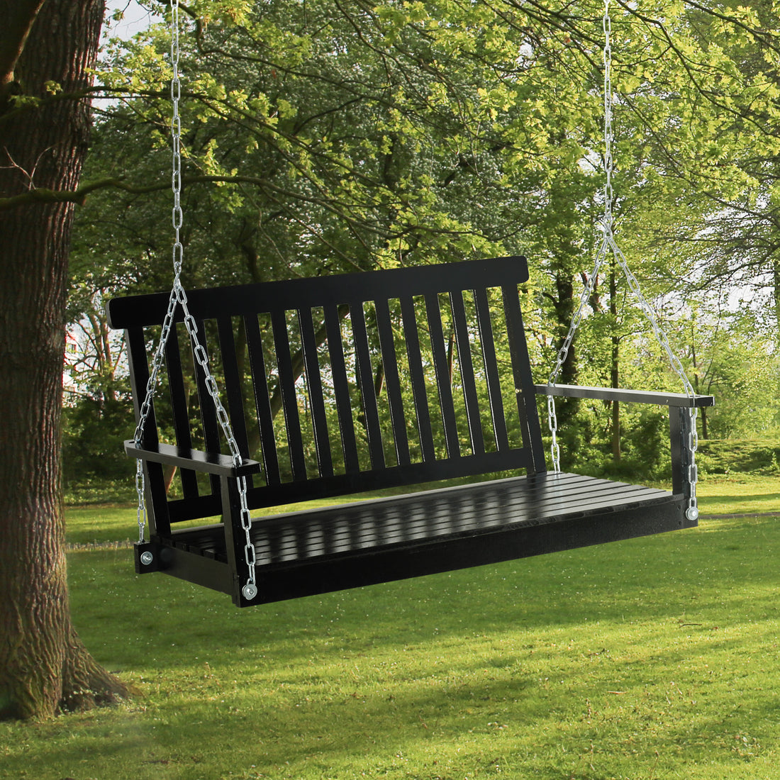 Outsunny 2 Seater Hanging Porch Swing Outdoor Patio Swing Chair Seat With Slatted Build And Chains, 440Lbs Weight Capacity, Black Black Wood