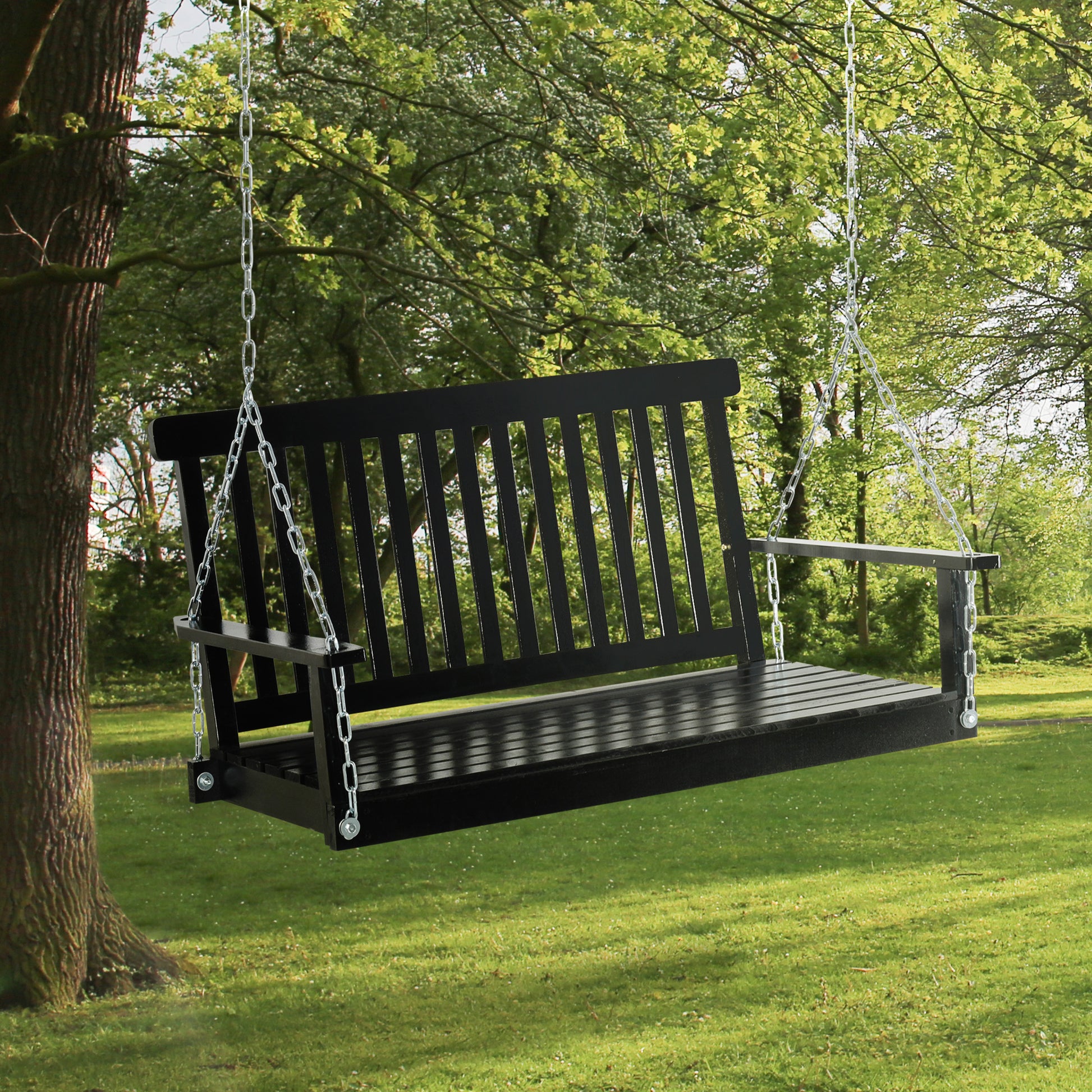 Outsunny 2 Seater Hanging Porch Swing Outdoor Patio Swing Chair Seat With Slatted Build And Chains, 440Lbs Weight Capacity, Black Black Wood