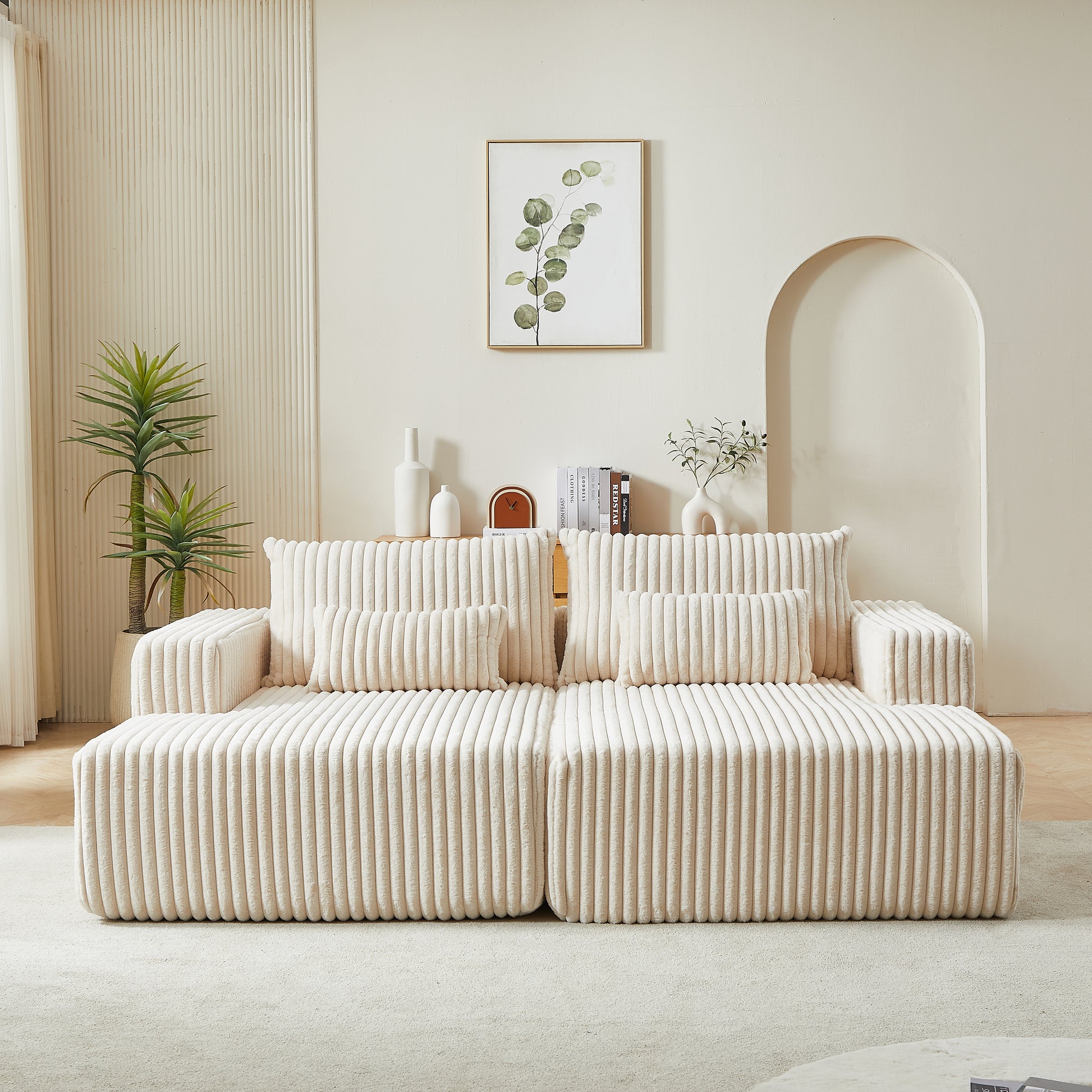 87" Oversized Sectional Lounge Chaise,No Assembly Required,Cloud Plush Loveseat With Reclining Sofa Bed,Fluffy Modern Sleeper Chair For Indoor Living Room Bedroom Beige Corduroy 2 Seat