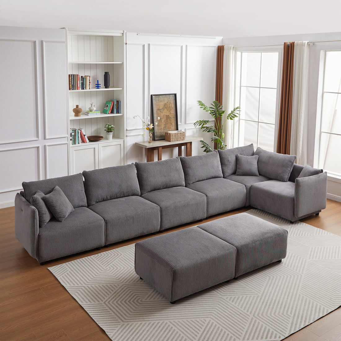Multi Module Combination Style Sofa For Living Room, Bedroom And Other Lounge Spaces, Modern Minimalist Corduroy Combination Sofa With 2 Comfort Cushions With Usb & C Charging Ports,Gray,Two Sets Gray Foam Fabric 8 Seat