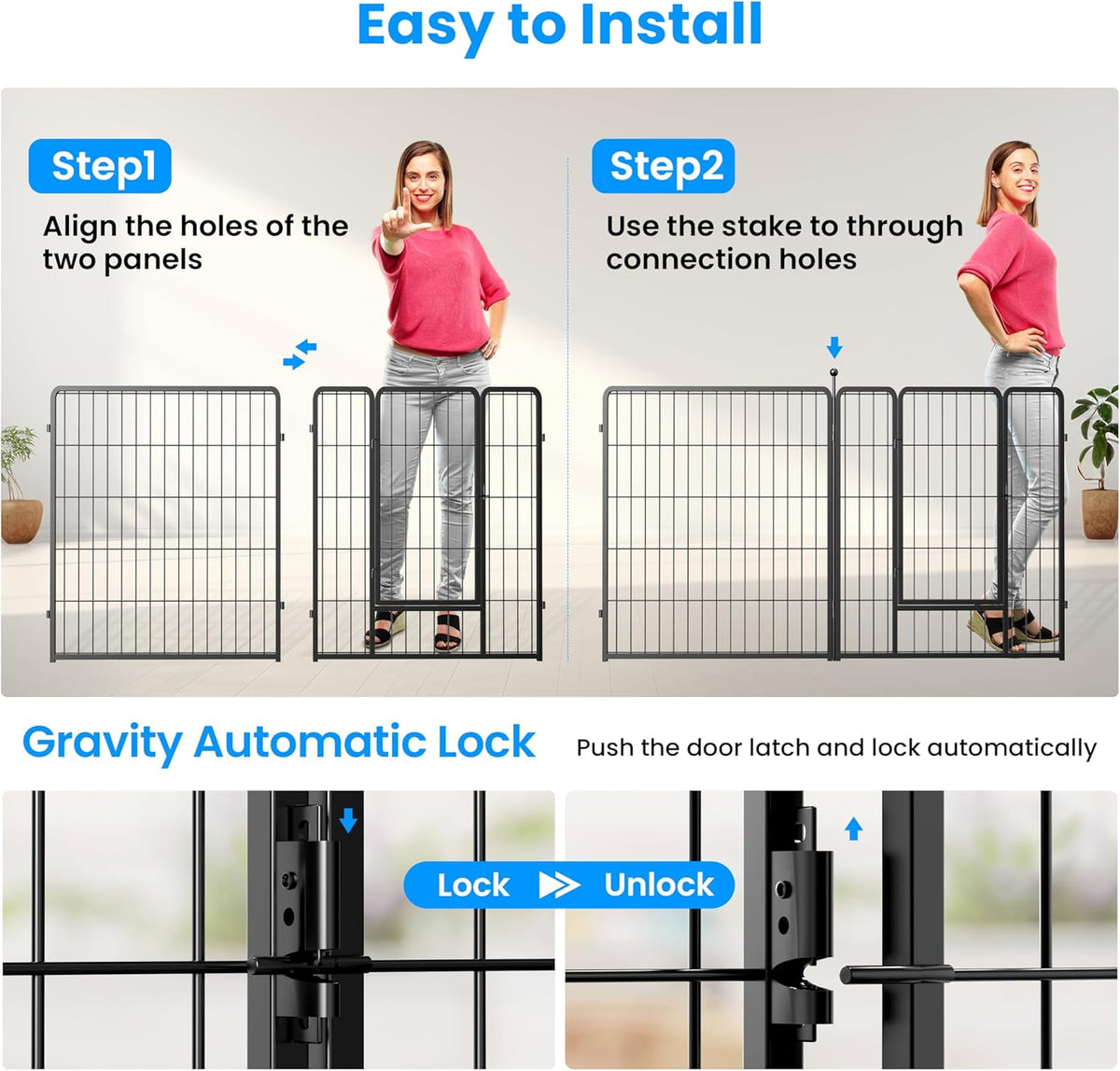 Dog Playpen, 32" Height 8 Panels Heavy Duty Dog Pen, Light Weight And Easy To Carry For Travel, Camping, For Small Medium Dogs, Black Black Metal