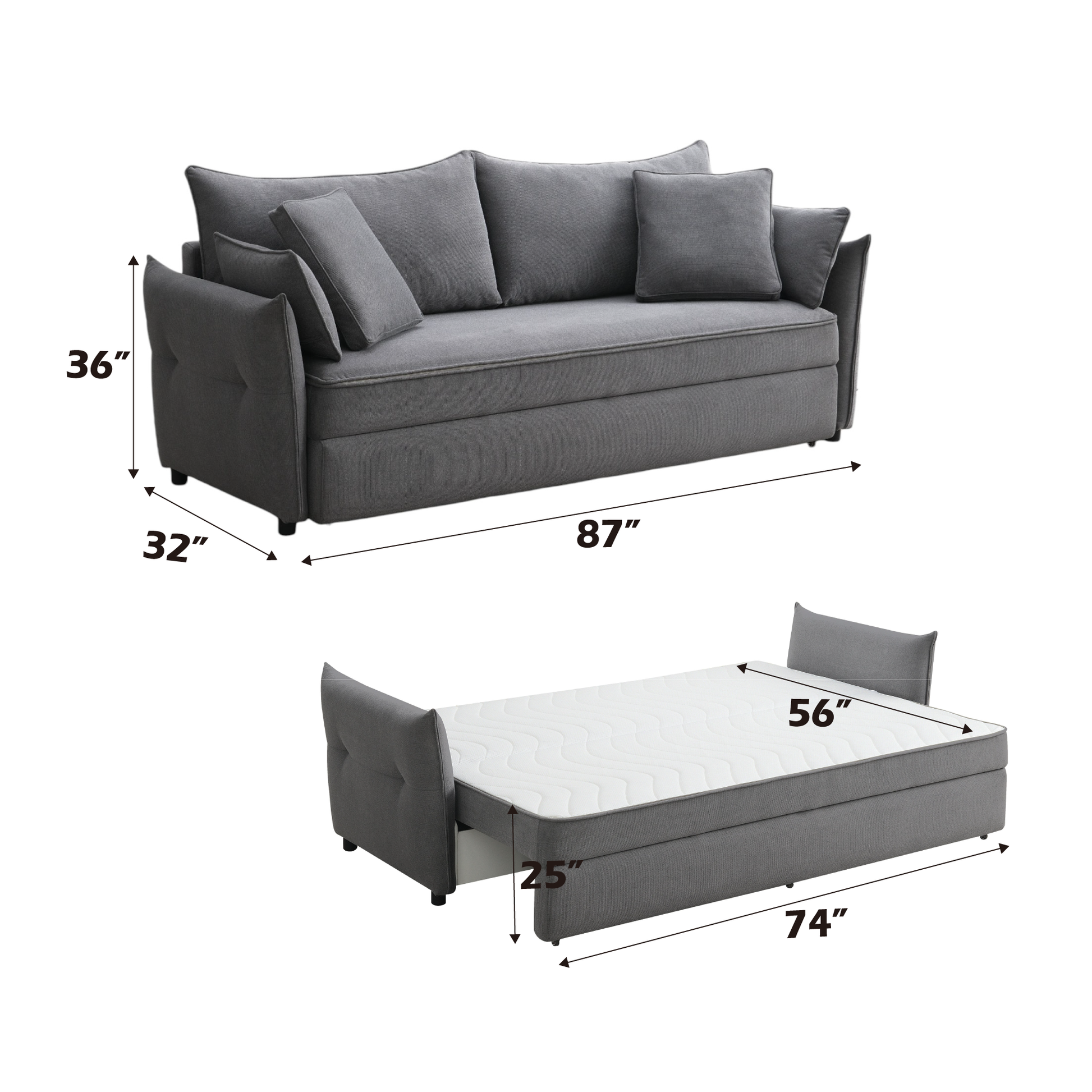 Irina Sofa W Sleeper, Gray Fabric Lv03100 Gray Upholstered 2 Seat