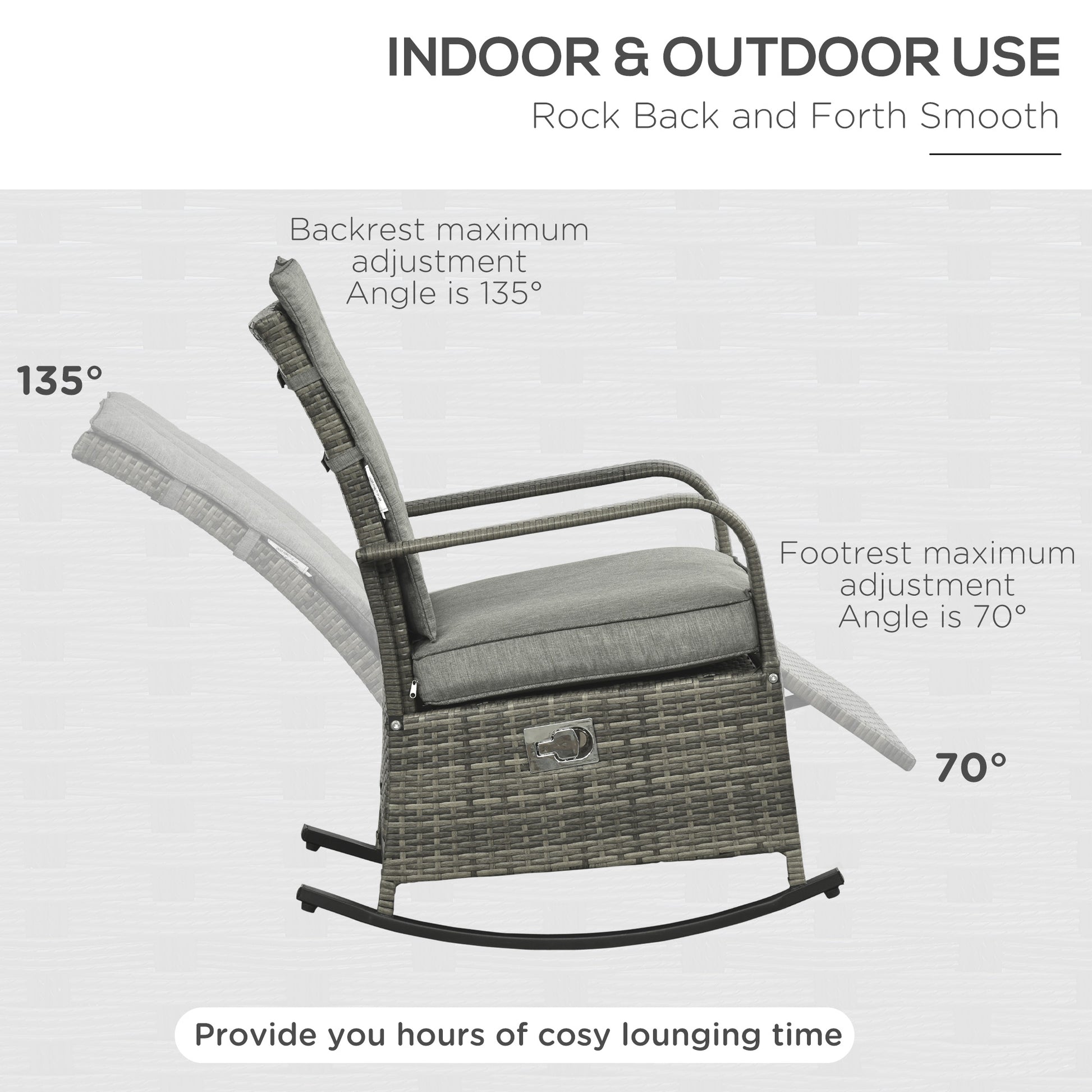 Outsunny Outdoor Rattan Rocking Chair Patio Recliner With Soft Cushions, Adjustable Footrest, Max. 135 Degree Backrest, Pe Wicker, Gray Gray Wicker