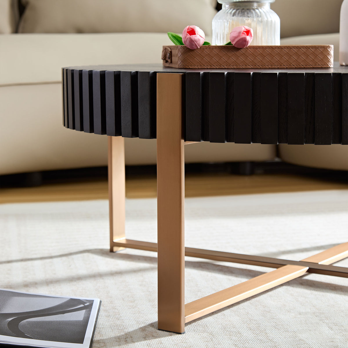 Modern Handcraft Drum Coffee Table 31.5 Inch Round Coffee Table For Living Room,Small Coffee Table With Sturdy Pedestal,Black Matt Black Mdf Metal