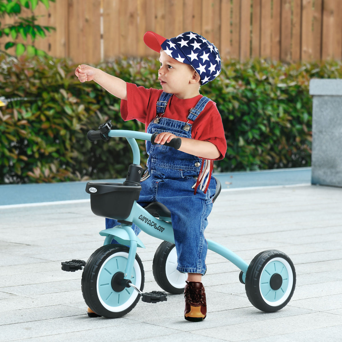 Qaba Kids Tricycle For Toddlers Age 2 5 With Adjustable Seat, Toddler Bike For Children With Basket, Bell, Handlebar Grips, Blue Blue Metal