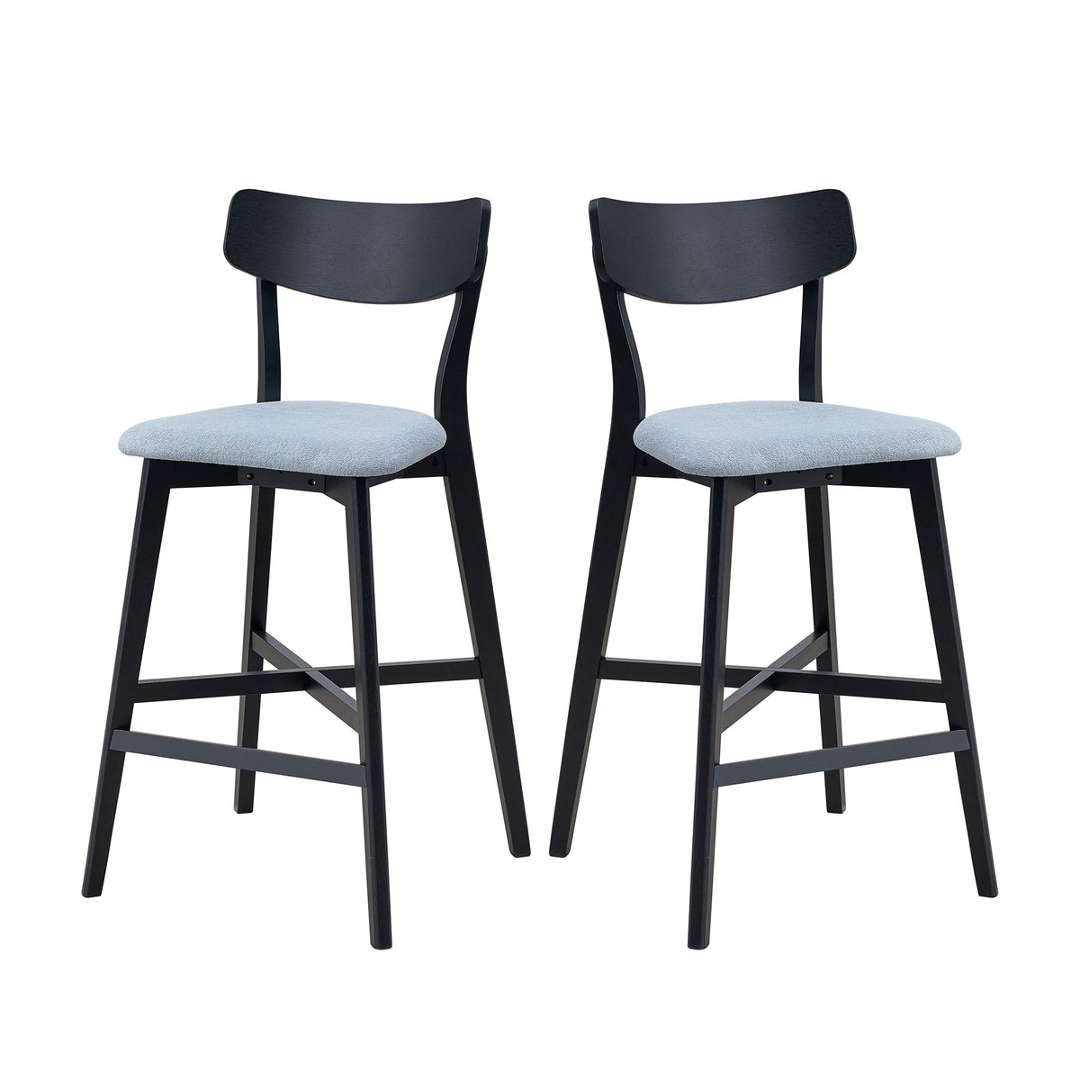 Wooden Bar Chairs Set Of 2, Modern Soft Upholstered Kitchen Island Chairs, Counter Height Stool With Backrest,Wooden Frame Chairs With Footrest For Pub,Living Room,Restaurant,Black Black Solid Wood