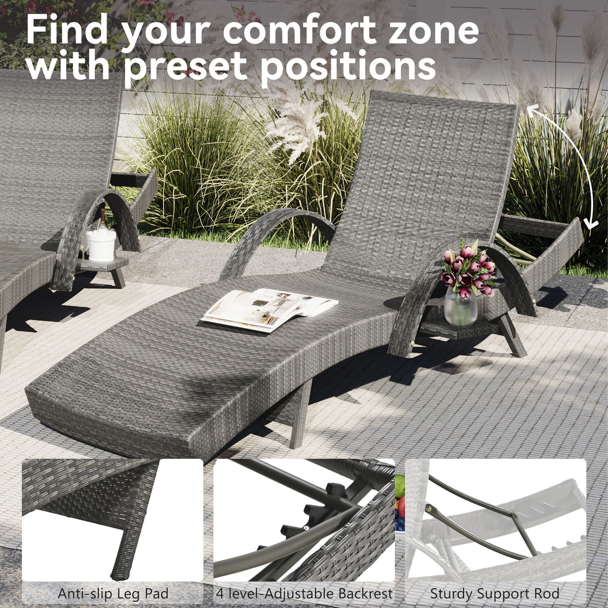 K&K 80'' Outdoor Wicker Chaise Lounge Chairs Set Of 2, Patio Rattan Reclining Chair Pull Out Side Table Adjustable Backrest Ergonomic Wave Design Pool Sunbathing Recliners, Grey No Lounge Grey Seats