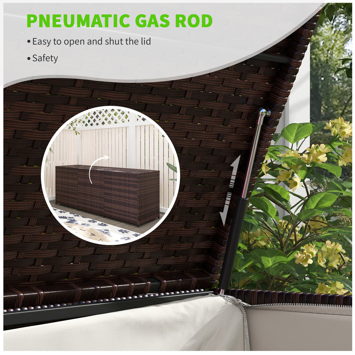 Outsunny 175 Gallon Outdoor Storage Box With Inner Liner, Pe Rattan Wicker Deck Box With Pneumatic Bar Lift For Indoor & Outdoor, Patio Furniture Cushions, Pool Toys, Garden Tools, Mixed Brown Brown Steel