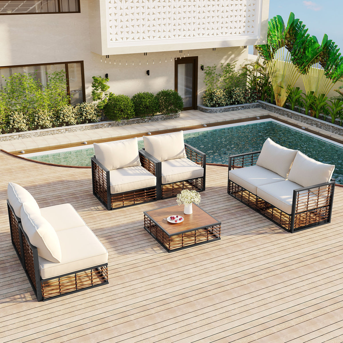 Modern Minimalist 7 Piece Metal Patio Sectional Sofa Set, All Weather Garden Conversational Furniture Set With Thick Cushions And Coffee Table For Indoor Outdoor, Gray Yes Deep Seating White Weather