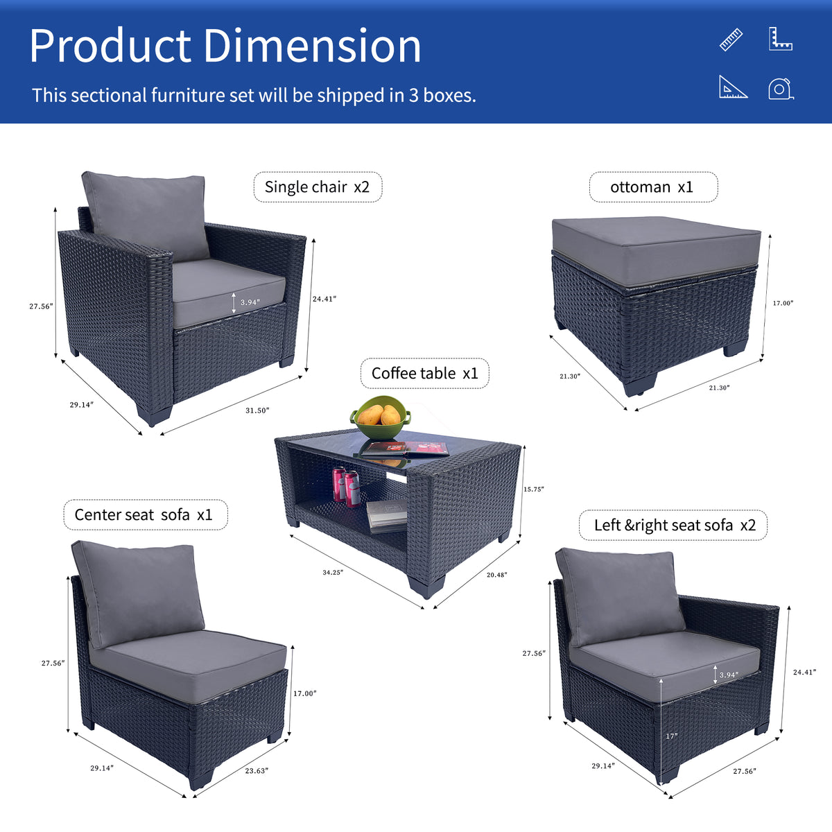 Outdoor Garden Patio Furniture 7 Piece Pe Rattan Wicker Cushioned Sofa Sets And Coffee Table, Patio Furniture Set Outdoor Couch Outdoor Couch Patio Furniture Outdoor Sofa Patio Couch Yes Complete Patio Set Gray Seats 6 Weather Resistant Frame Water