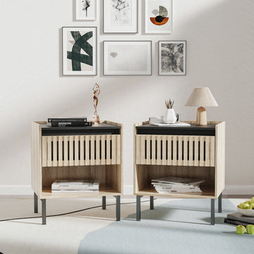 Bedside Table Set 2 Natural Black 1 Drawer Bedside Cabinet Bedroom Mdf Iron