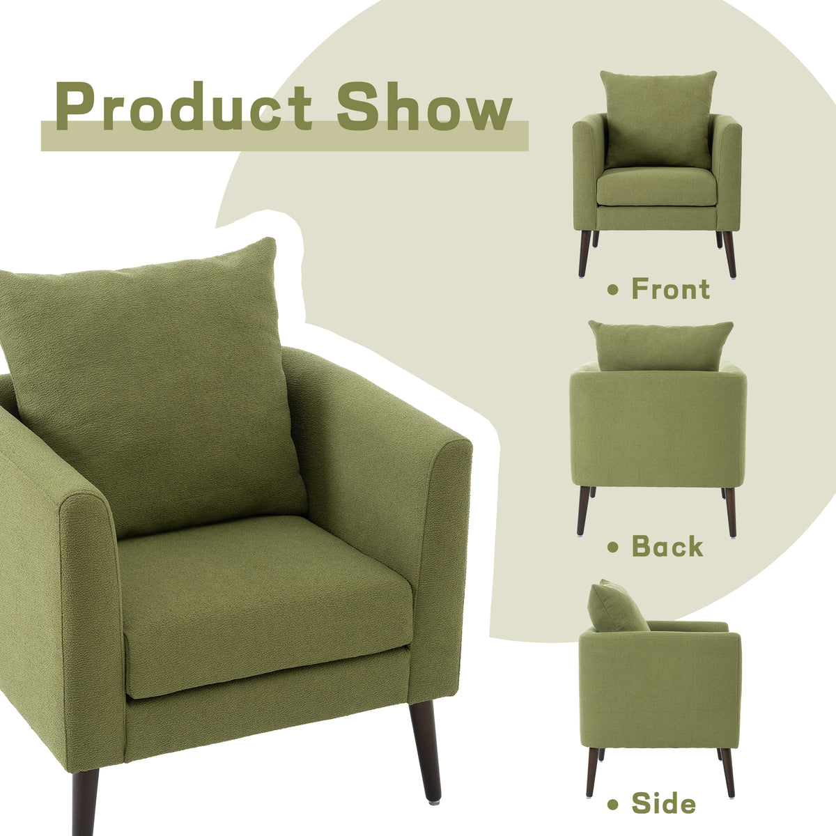 Barrel Chair, Modern Accent Chair, Fabric Armchair Club Chair,Upholstered Arm Chair With Solid Wood Legs,Waist Pillow,Padded Single Chair For Living Room Bedroom Study Waiting Room,Olive Green Olive Green Light Brown Primary Living Space Modern