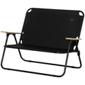 Outsunny Double Folding Camping Chair, Loveseat For 2 Adults, Portable Camping Couch With Wood Armrest & Cupholders, For Backpacking, Beach, Sports Travel, Black Black Steel
