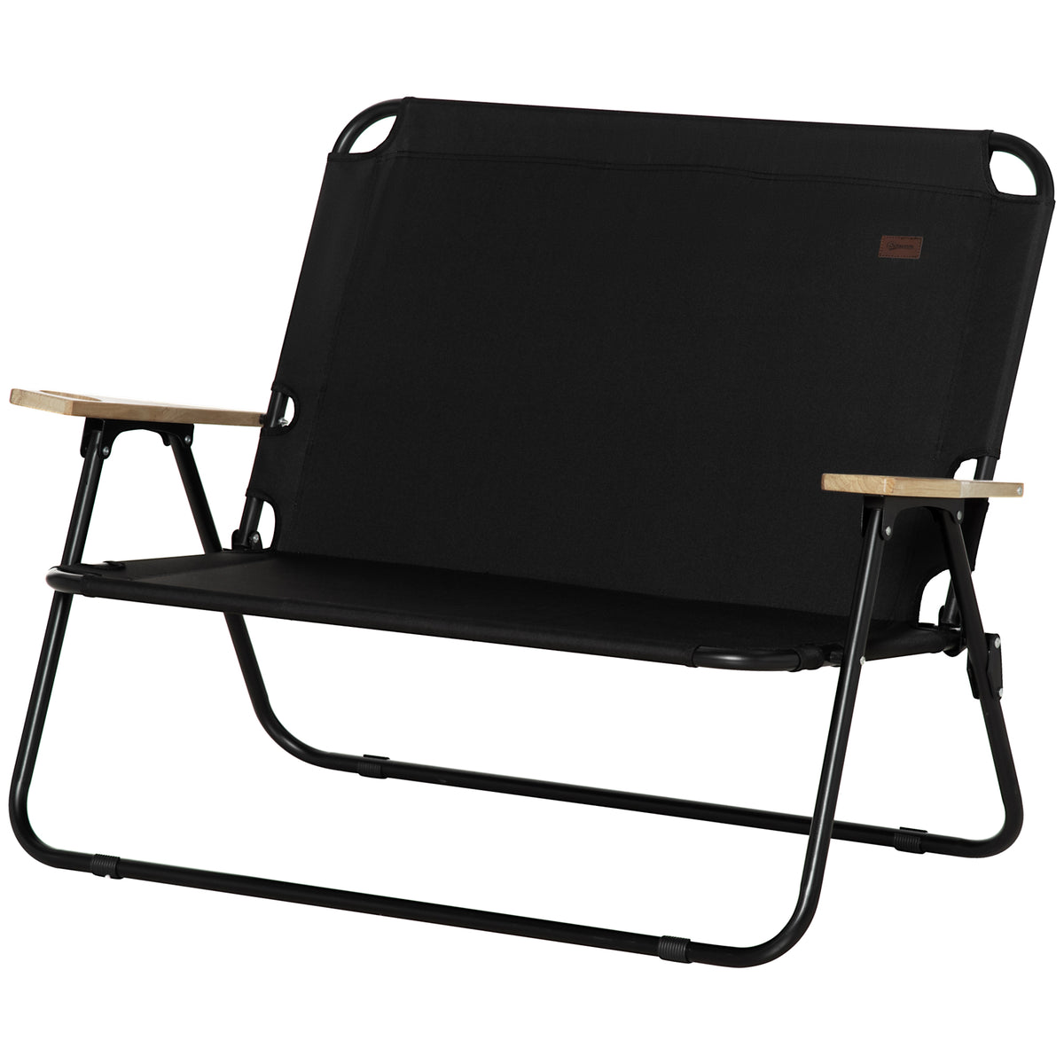 Outsunny Double Folding Camping Chair, Loveseat For 2 Adults, Portable Camping Couch With Wood Armrest & Cupholders, For Backpacking, Beach, Sports Travel, Black Black Steel