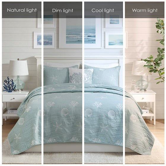 4 Piece Cotton Reversible Embroidered Quilt Set With Throw Pillow Aqua King Cal King King Aqua Cotton