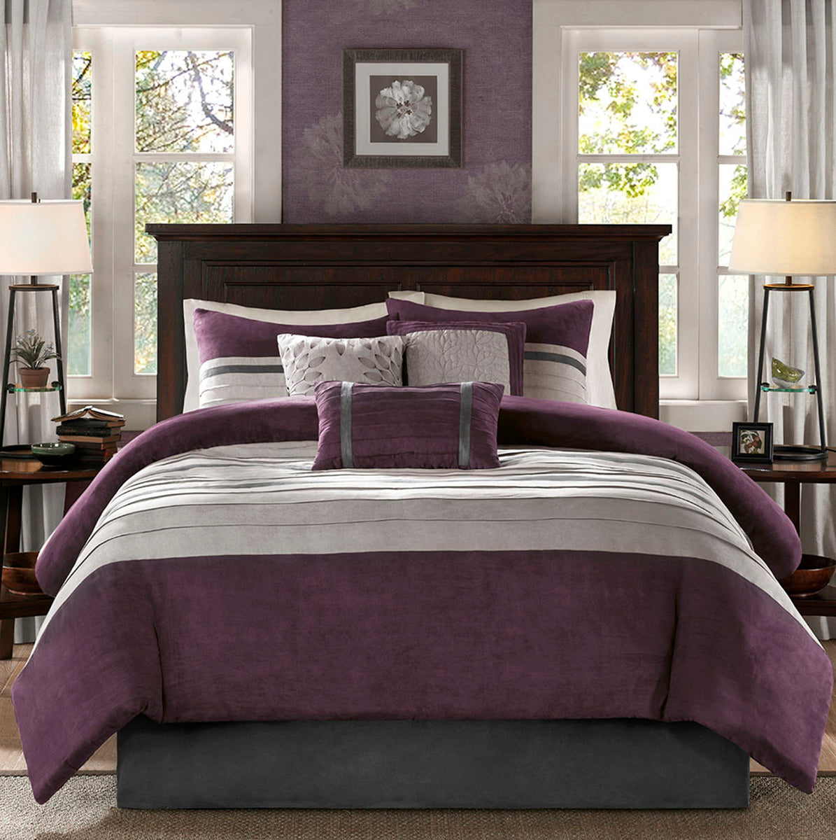 7 Pc Pieced Faux Suede Comforter Set Purple Cal King California King Purple Polyester