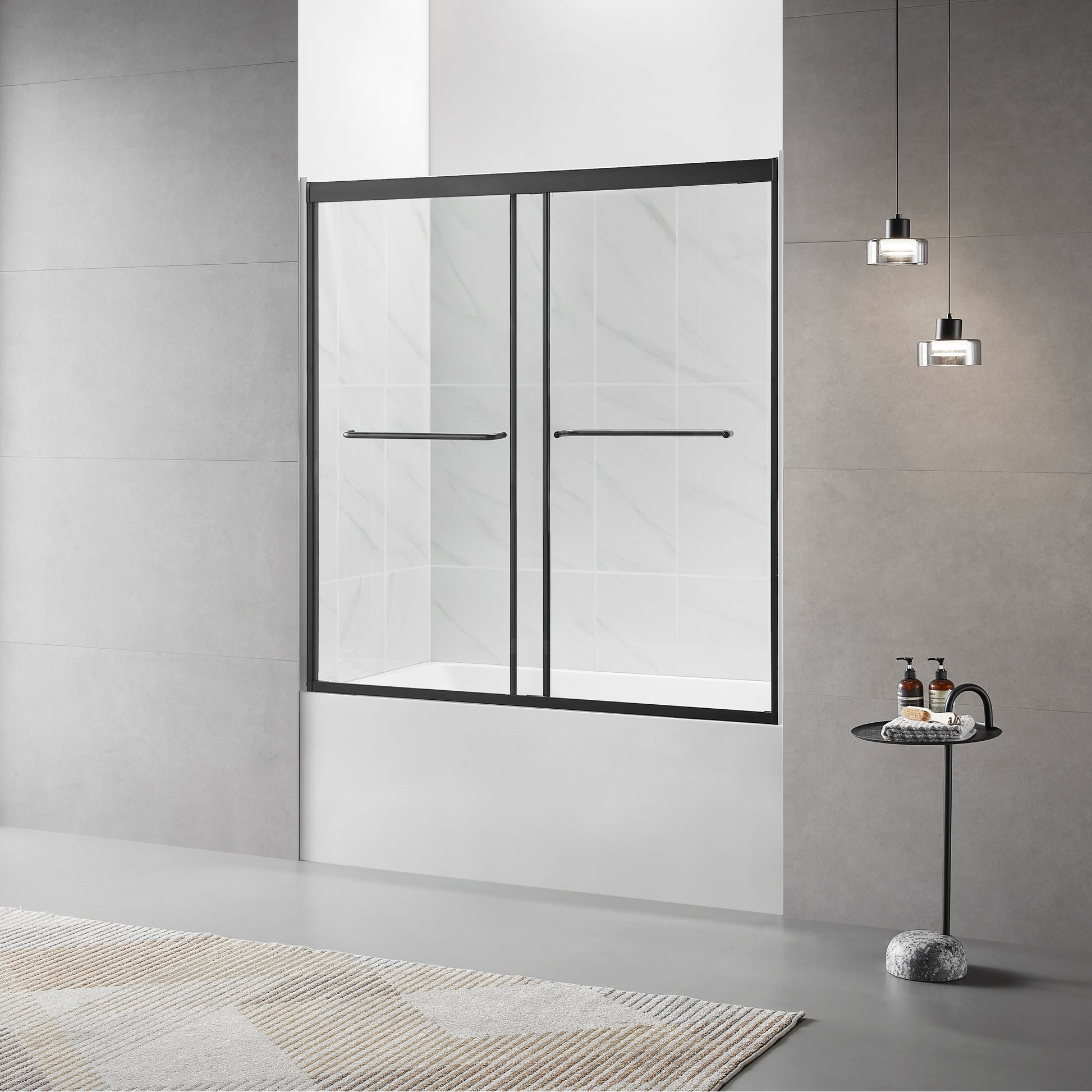 60"W X 60"H Bathtub Glass Sliding Shower Tub Door, 1 4 In. Clear Glass, Framed Bypass Double Sliding Tub Glass Door, Matte Black Finish Matte Black Bathroom American Design Glass Metal