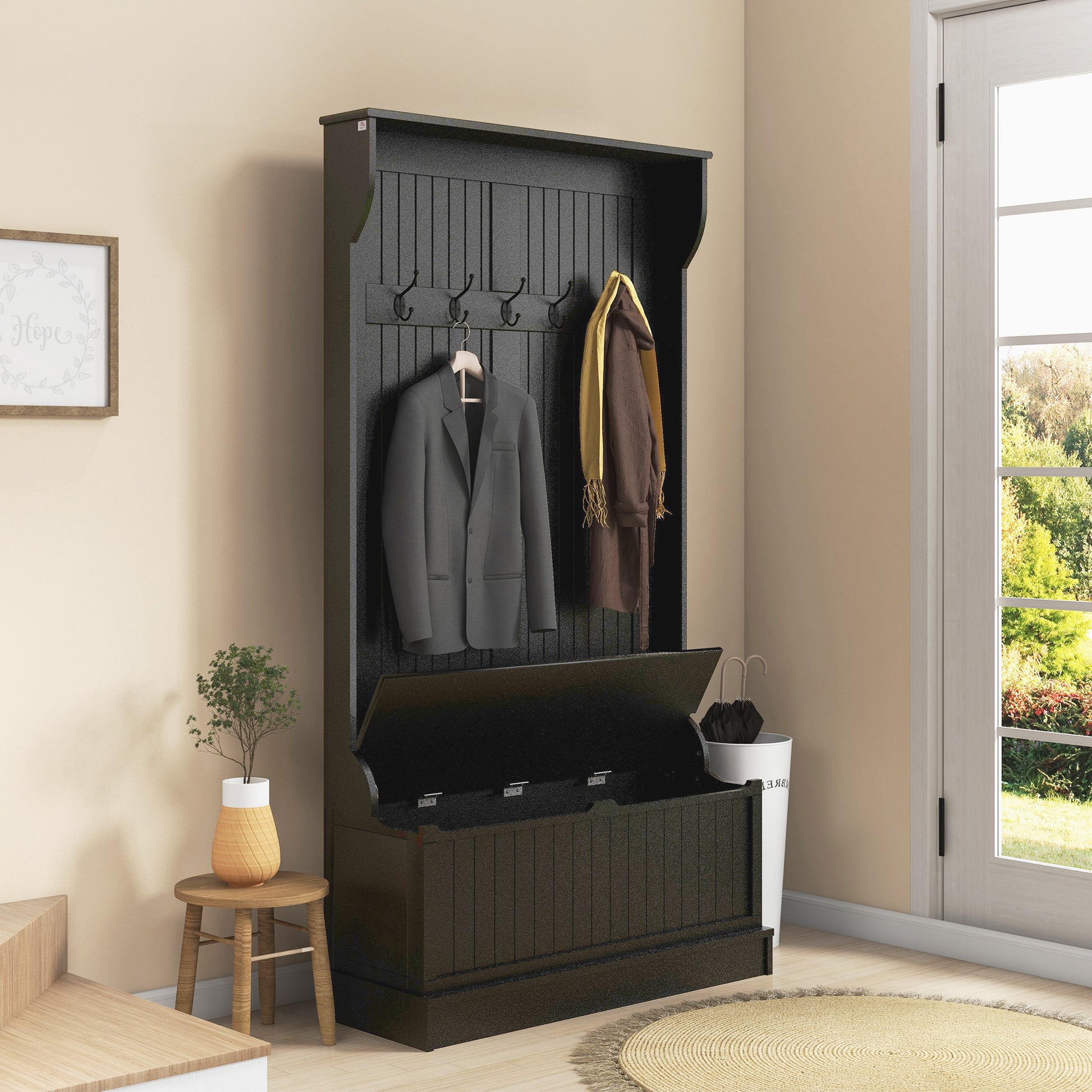 Homcom 3 In 1 Entryway Hall Tree With Storage Bench, Coat Rack With Four Hooks And Shoe Storage, Black Black Mdf