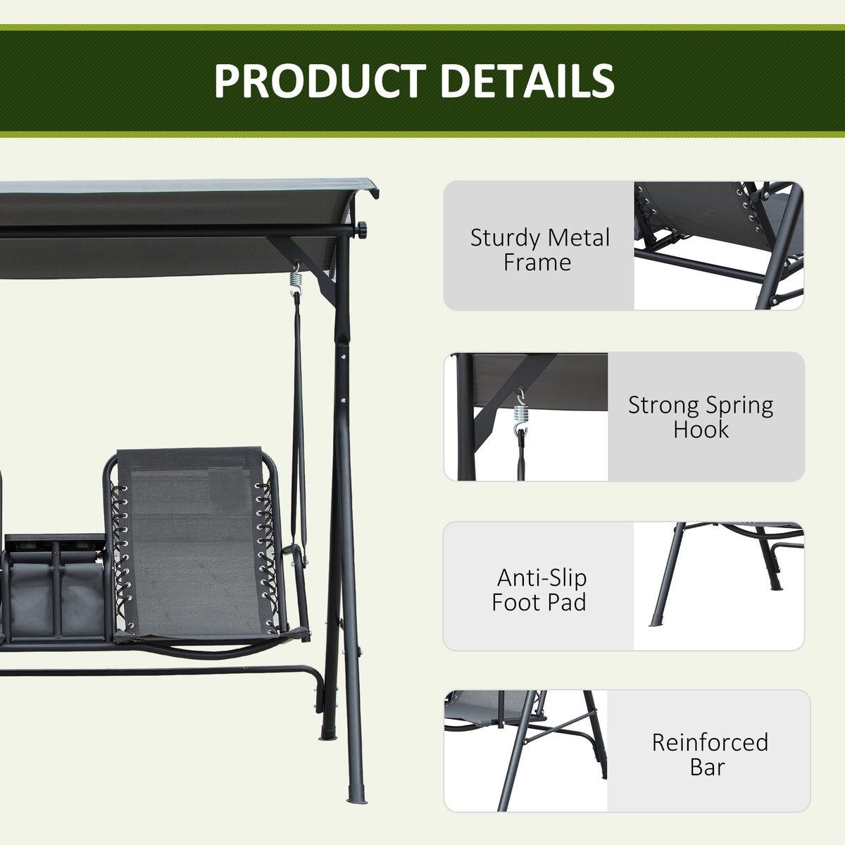 Outsunny 2 Seat Patio Swing Chair, Outdoor Canopy Swing Glider With Pivot Storage Table, Cup Holder, Adjustable Shade, Bungie Seat Suspension And Weather Resistant Steel Frame, Grey Gray Steel