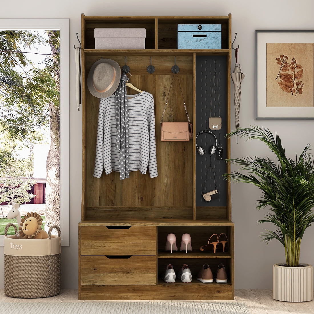 Hall Tree With 5 Hooks,Coat Hanger, Entryway Bench, Storage Bench,For Entrance, Hallwa,Brown Brown Mdf