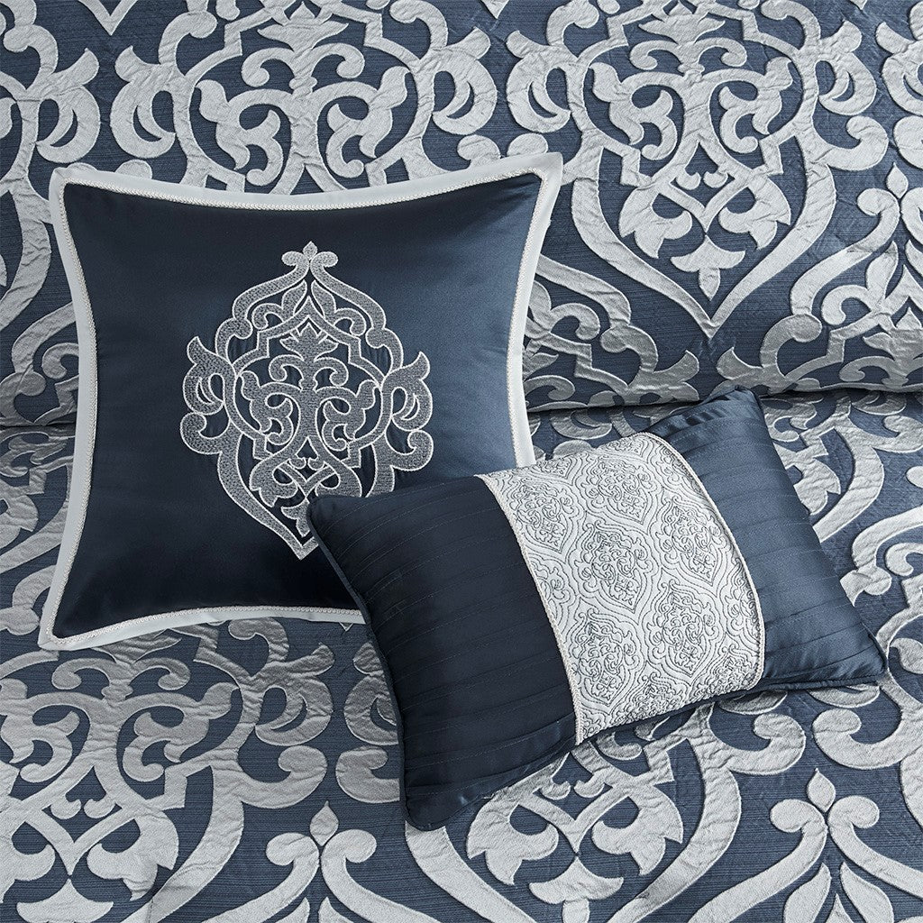 8 Piece Jacquard Comforter Set Navy Silver King King Navy Silver Polyester