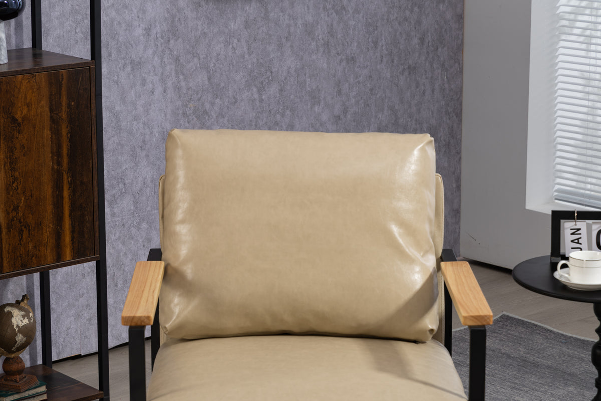 Leather Accent Chair Guest Chair For Living Room, Mid Century Armchair For Bedroom Khaki Pu