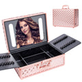 Portable Makeup Case With Led Mirror Travel Makeup Bag Cosmetic Organizer Box With Locks, Brush Holder, Dividers, Rechargeable, Rose Gold Rose Gold Aluminium Alloy
