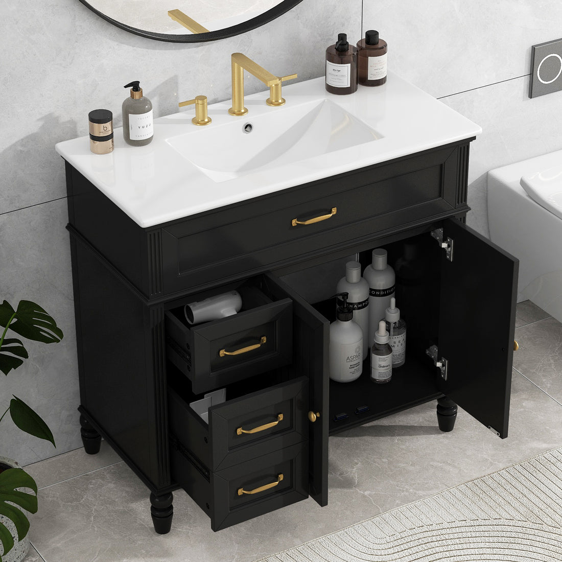 36" Bathroom Vanity With Sink, Black Bathroom Cabinet With Drawers, Solid Frame And Mdf Board, One Package Black Solid Wood Mdf