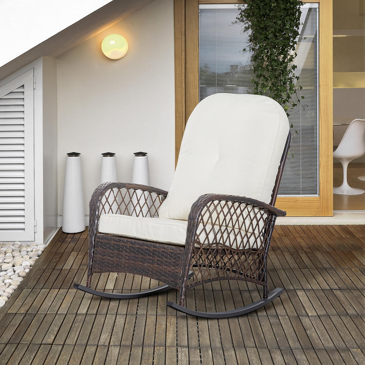 Outsunny Outdoor Wicker Rocking Chair With Wide Seat, Thick, Soft Cushion, Rattan Rocker W Steel Frame, High Weight Capacity For Patio, Garden, Backyard, Cream White Cream White Polyester