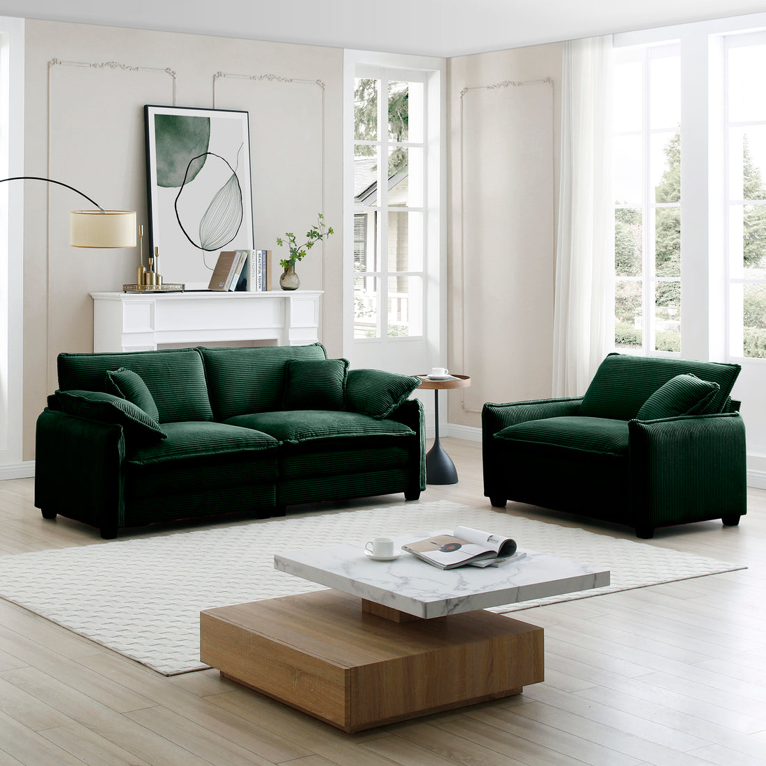 Modern Living Room Sofa Two Pieces Set, Suitable For Living Room And Small Apartment2 Pieces Sofa Set Consists Of A Single Seat Sofa And A 2 Seater Sofas,Green Corduroy Green Corduroy 3 Seat