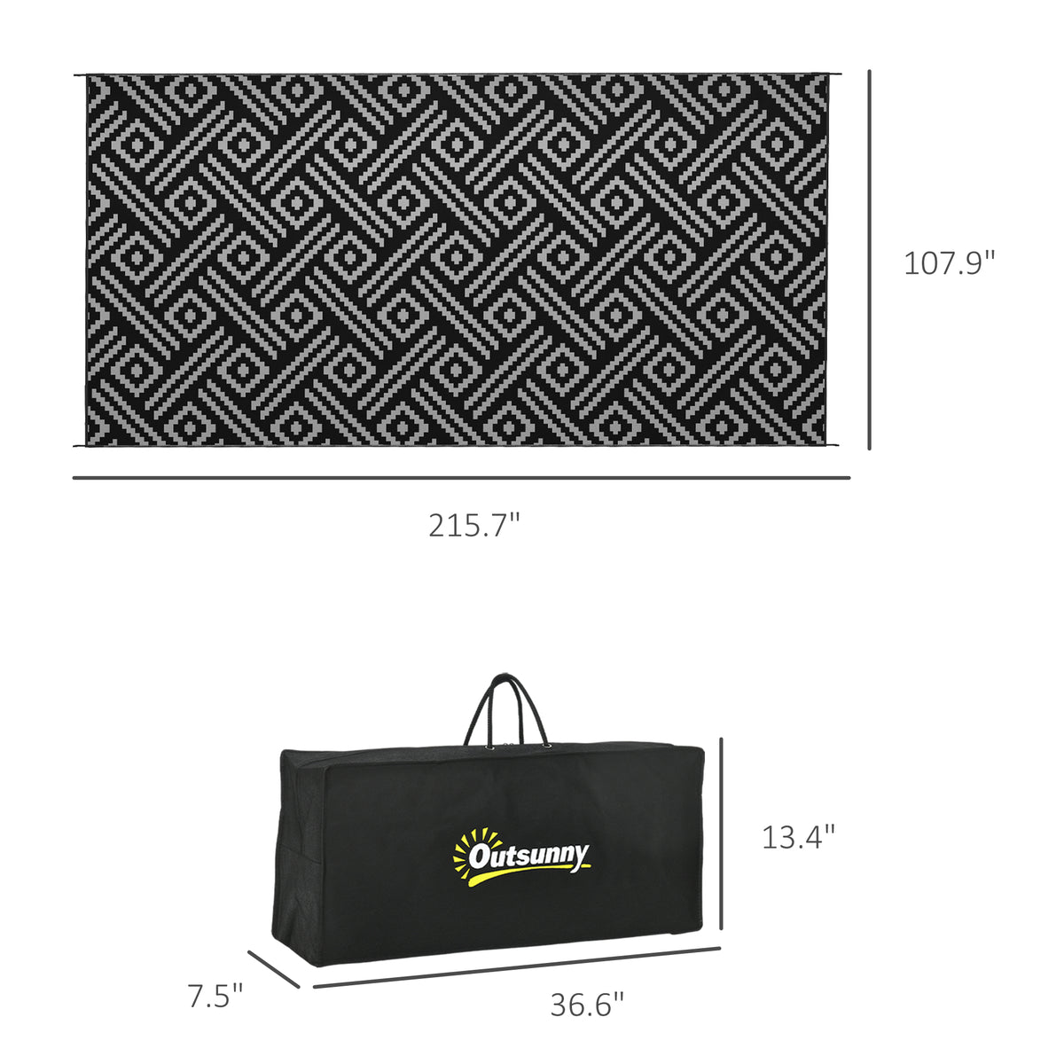 Outsunny Reversible Outdoor Rug, 9' X 18' Waterproof Plastic Straw Floor Mat, Portable Rv Camping Carpet With Carry Bag, Large Floor Mat For Backyard, Deck, Picnic, Beach, Black & Gray Geometric Multicolor Polypropylene