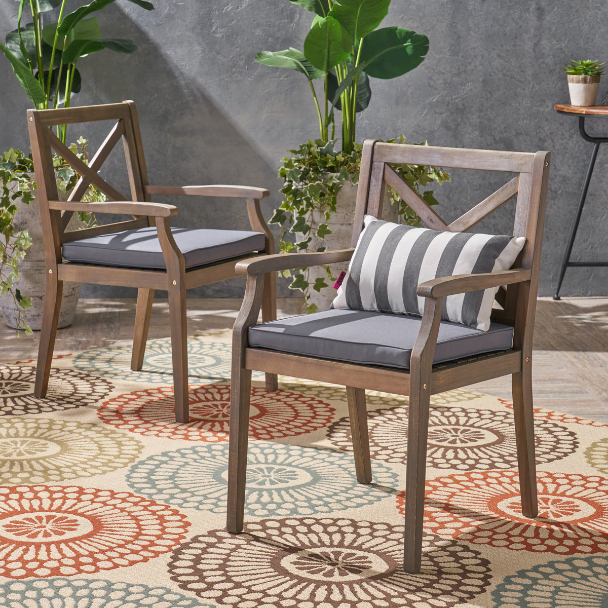 Perla Dining Chair,2Pcs With 2 Cushions Dark Grey Acacia Wood